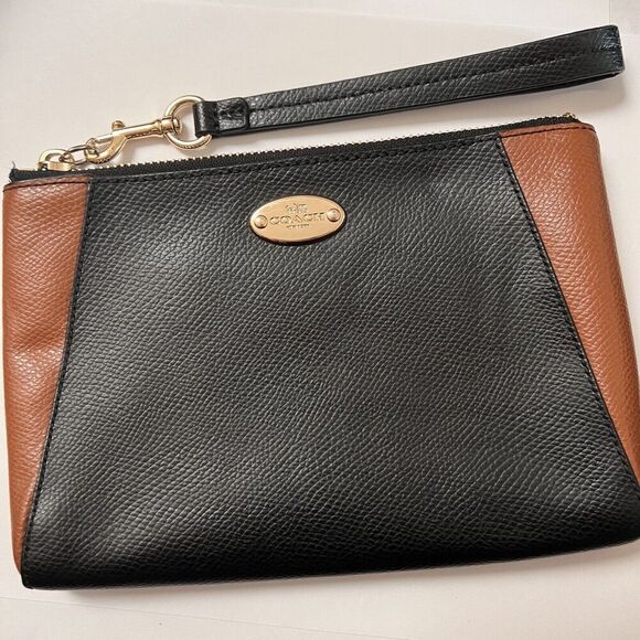 Coach Morgan Crossgrain Leather Clutch Wristlet Black Saddle Color Block - Picture 1 of 8